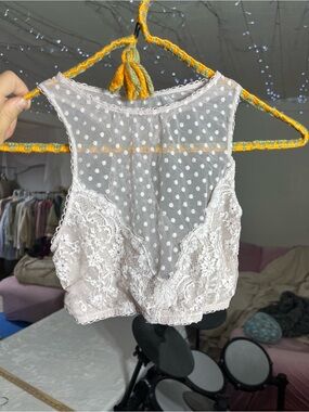 Victoria's Secret Dot Mesh & Lace High Neck Sheer Bra Bralette Coconut White XS